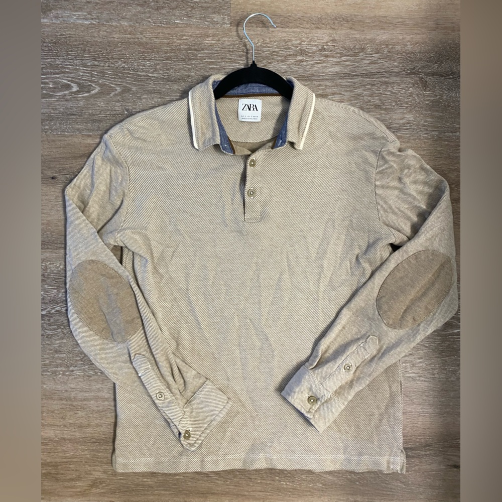 Zara Men's Tan Polo Shirt with Elbow Patches
